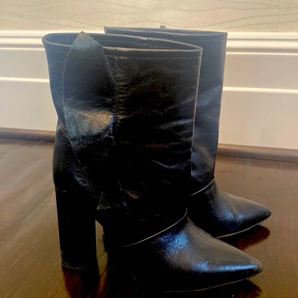 Iro black leather ankle boots with ruffle detail